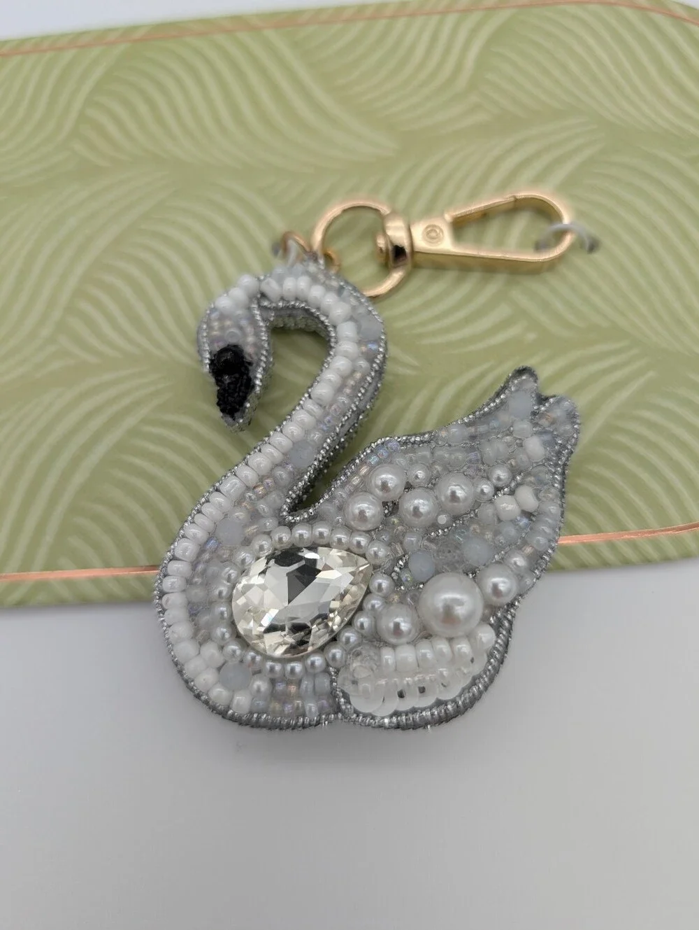Swan Bag Charm Key Chain Double Sided White Beaded Rush by Denis & Charles